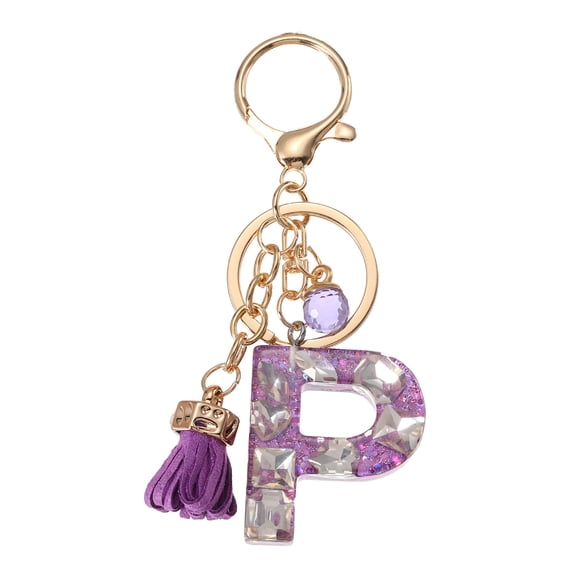 Initial Letter Keychain, Cute Alphabet Letter-P Charm with Tassel Ball, Purple