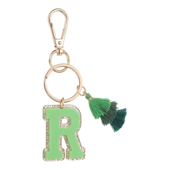 Initial Letter Keychain, Cute Alphabet Letter-R Charm with Tassel, Green