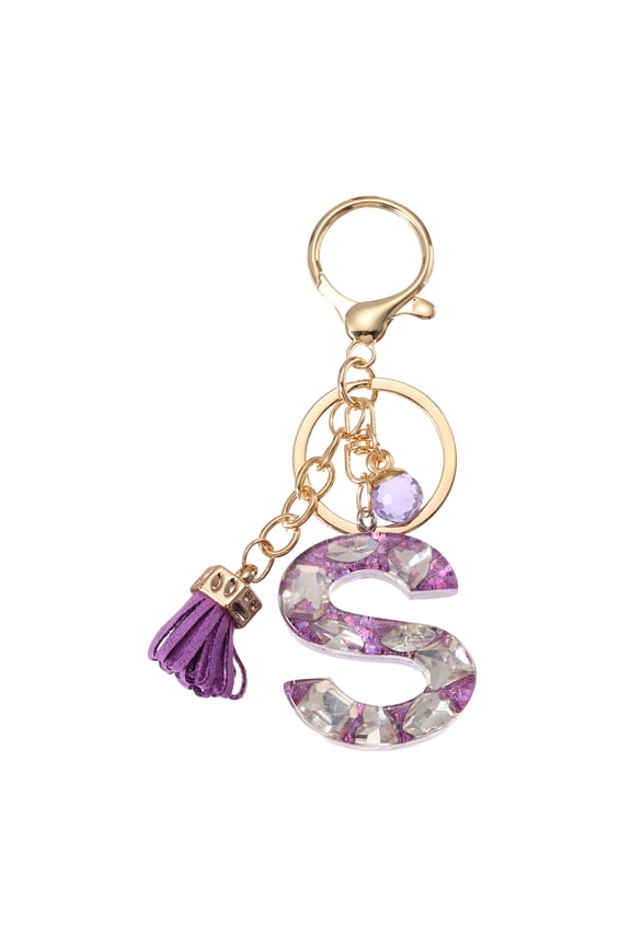 Initial Letter Keychain, Cute Alphabet Letter-S Charm with Tassel Ball, Purple