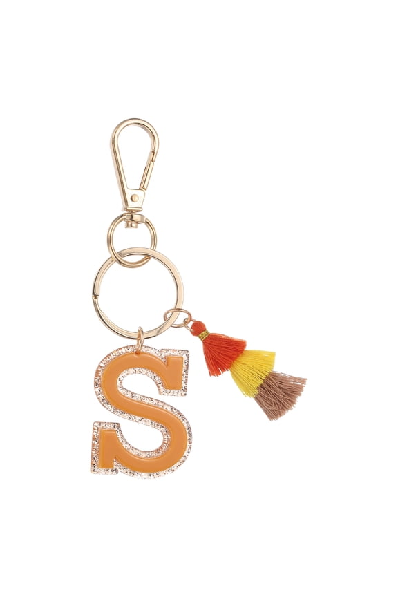 Initial Letter Keychain, Cute Alphabet Letter-S Charm with Tassel, Yellow