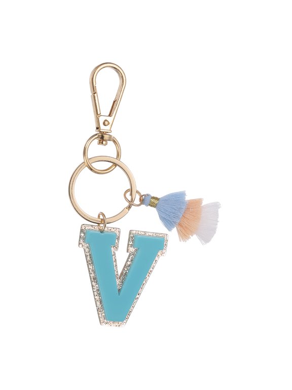 Initial Letter Keychain, Cute Alphabet Letter-V Charm with Tassel, Light Blue