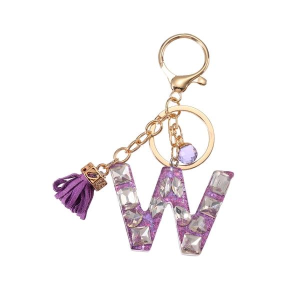 Initial Letter Keychain, Cute Alphabet Letter-W Charm with Tassel Ball, Purple