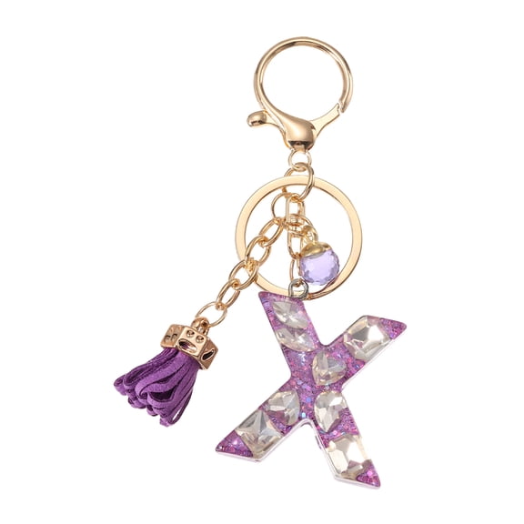Initial Letter Keychain, Cute Alphabet Letter-X Charm with Tassel Ball, Purple