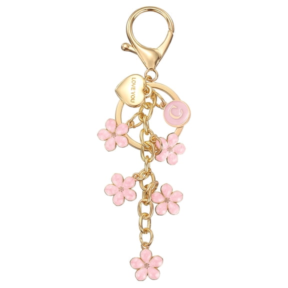 Initial Letter Keychain, Cute Flower Letter-C Keychains for Women Girls Pink