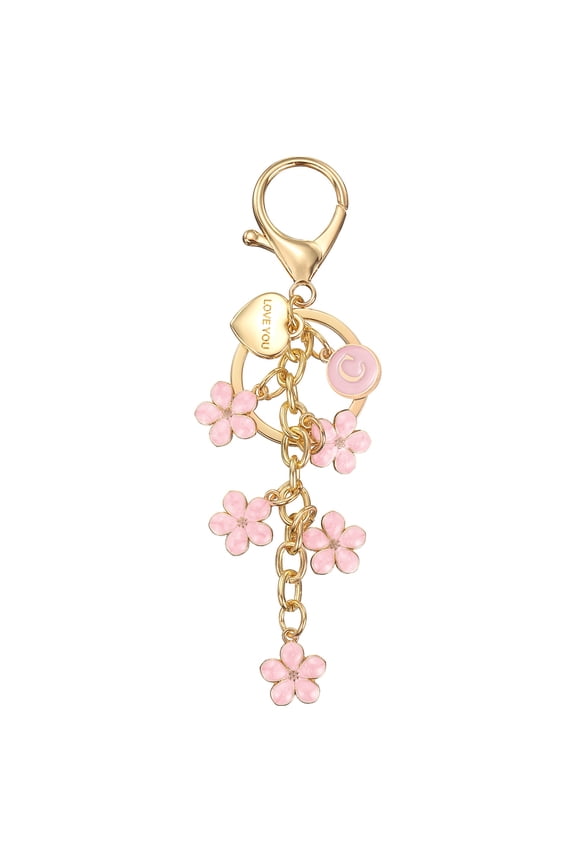 Initial Letter Keychain, Cute Flower Letter-D Keychains for Women Girls Pink