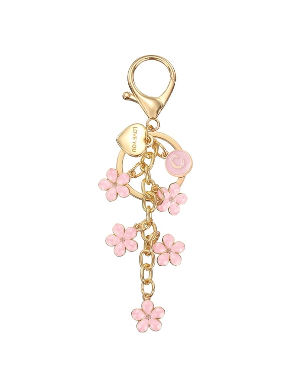 Initial Letter Keychain Cute Flower Letter D Keychains for Women Girls Pink