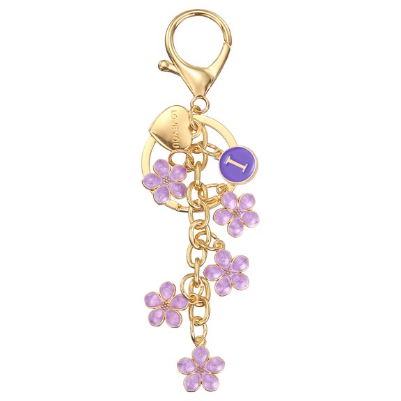 Initial Letter Keychain, Cute Flower Letter-I Keychains for Women Girls Purple