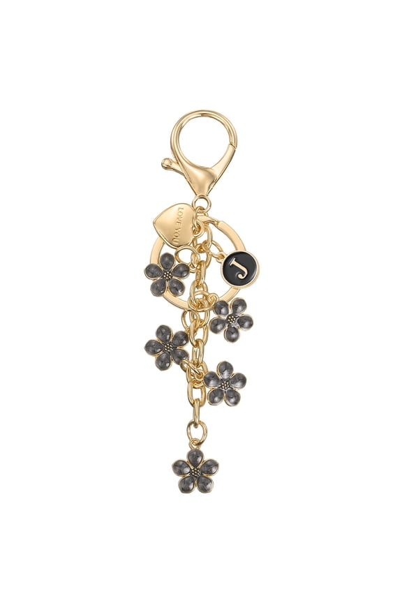 Initial Letter Keychain, Cute Flower Letter-J Keychains for Women Girls Black
