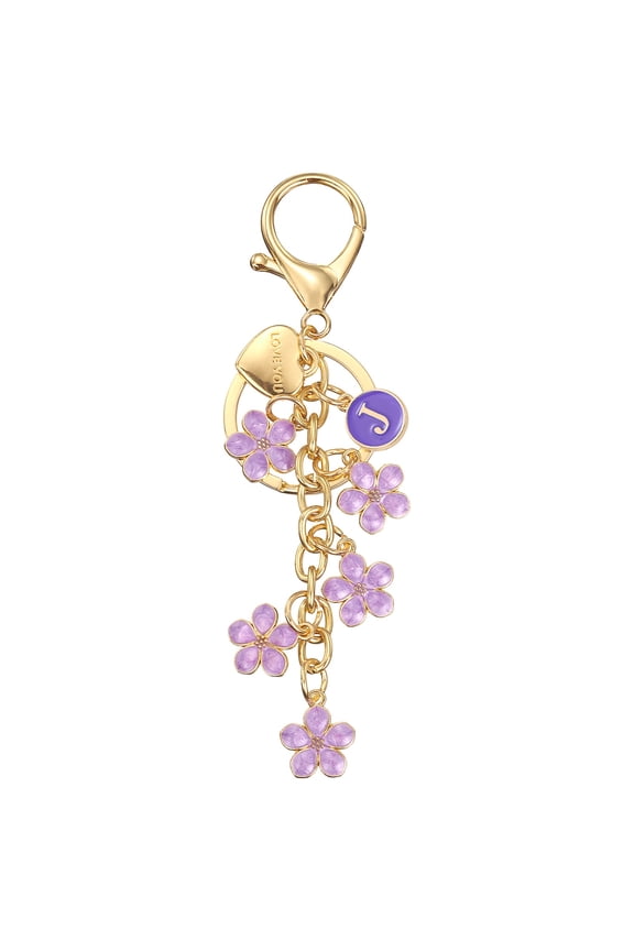 Initial Letter Keychain, Cute Flower Letter-J Keychains for Women Girls Purple