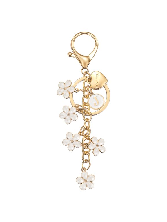Initial Letter Keychain Cute Flower Letter J Keychains for Women Girls White