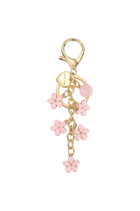 Initial Letter Keychain, Cute Flower Letter-K Keychains for Women Girls Pink