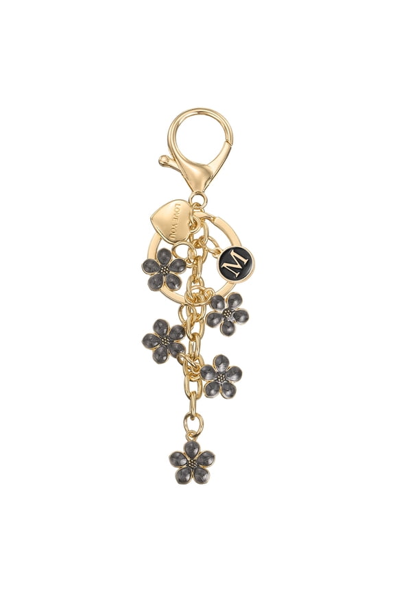 Initial Letter Keychain Cute Flower Letter M Keychains for Women Girls Black