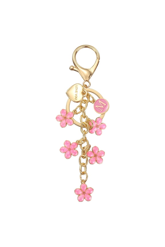 Initial Letter Keychain, Cute Flower Letter-M Keychains for Women Girls Pink