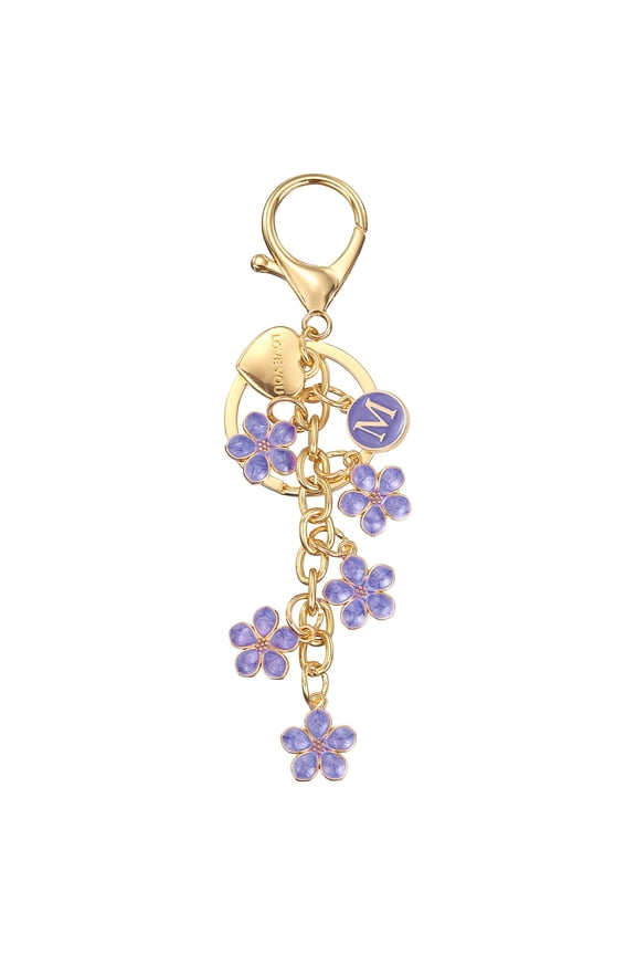 Initial Letter Keychain Cute Flower Letter M Keychains for Women Girls Purple