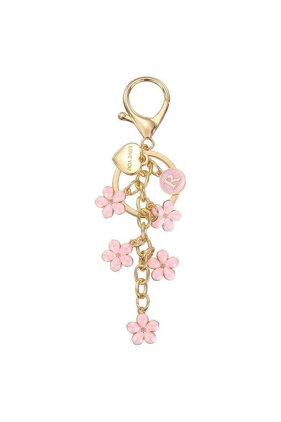Initial Letter Keychain Cute Flower Letter R Keychains for Women Girls Pink