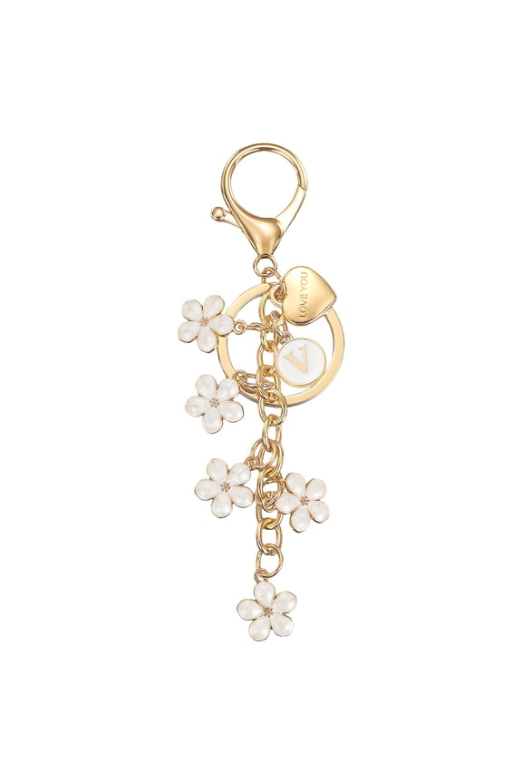 Initial Letter Keychain, Cute Flower Letter-V Keychains for Women Girls White