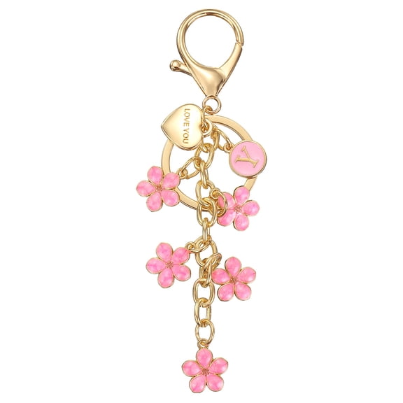 Initial Letter Keychain, Cute Flower Letter-Y Keychains for Women Girls Pink