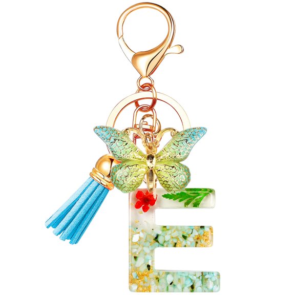 Initial Letter Keychain - Green Alphabet Key Ring with Butterfly & Tassel, Charm for Purse, Handbag, Keys, Gifts for Women, Girls (E)
