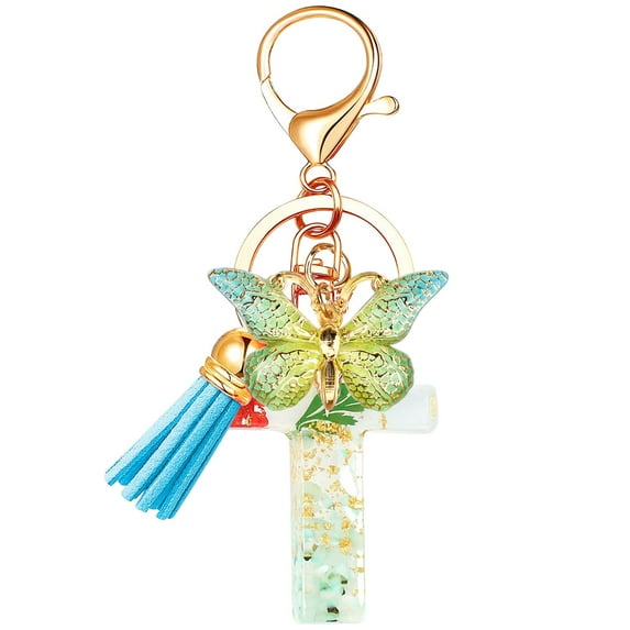 Initial Letter Keychain - Green Alphabet Key Ring with Butterfly & Tassel, Charm for Purse, Handbag, Keys, Gifts for Women, Girls (T)