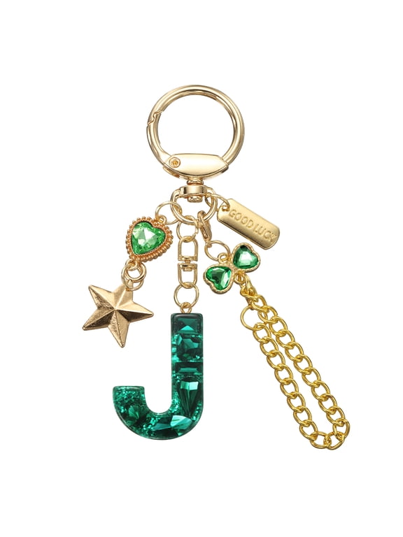 Initial Letter Keychain for Women, Cute Letter Keychains Bling Heart Butterfly Star Charm Green Letter J