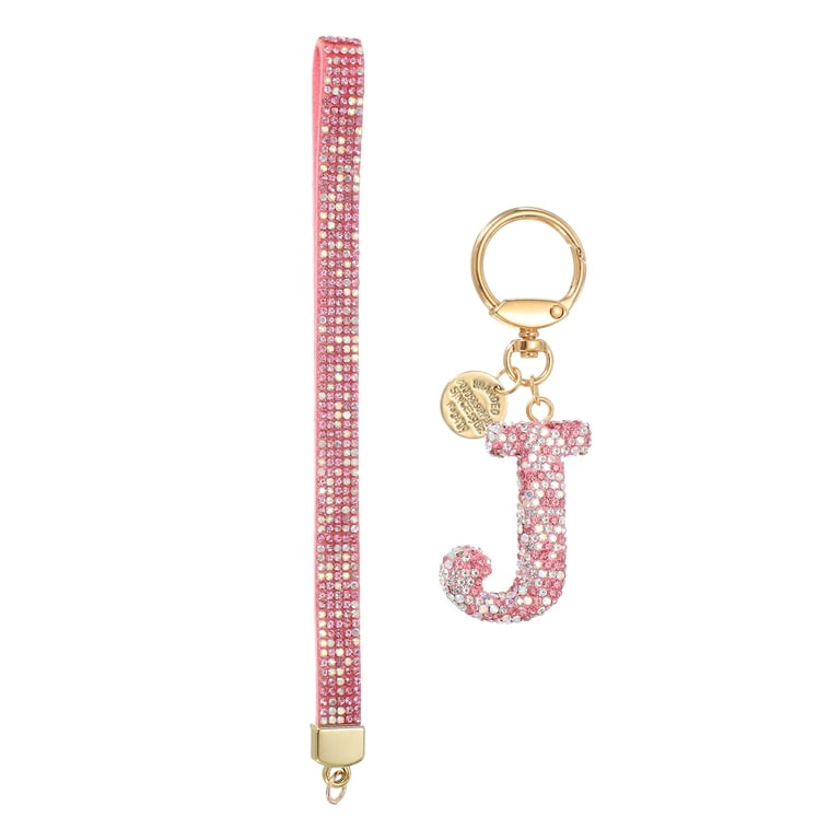 J Key Ring With Strap Initial Letter Keychain for Women, Rhinestone Alphabet J Key Chain Sparkly  Keychain Charm with Heart for Backpack Handbag Car Key Accessories Lanyard,  Pink