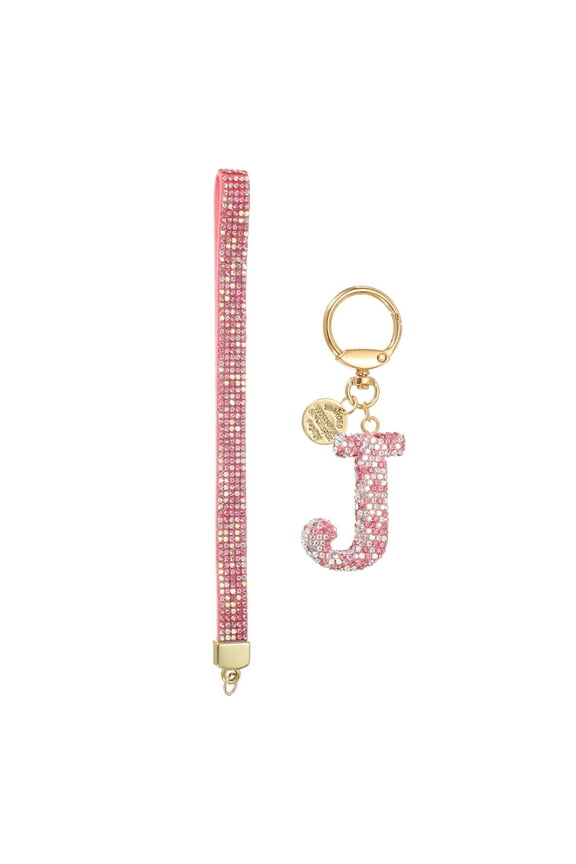 Initial Letter Keychain for Women, Rhinestone Alphabet J Key Chain Sparkly Keychain Charm with Heart for Backpack Handbag Car Key Accessories Lanyard, Pink