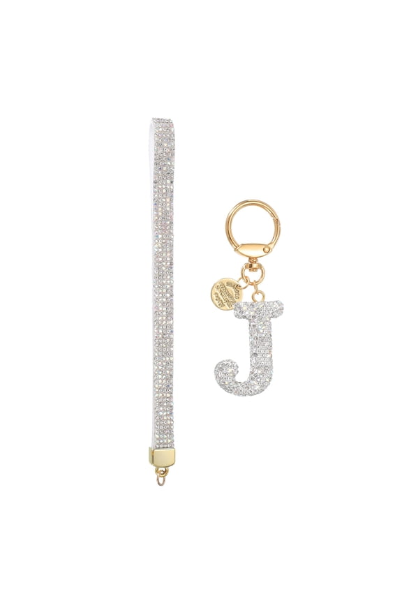 Initial Letter Keychain for Women, Rhinestone Alphabet J Key Chain Sparkly Keychain Charm with Heart for Backpack Handbag Car Key Accessories Lanyard, White