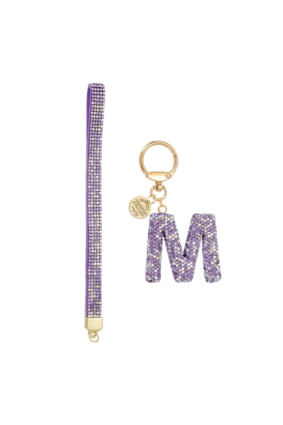Initial Letter Keychain for Women, Rhinestone Alphabet M Key Chain Sparkly Keychain Charm with Heart for Backpack Handbag Car Key Accessories Lanyard, Purple