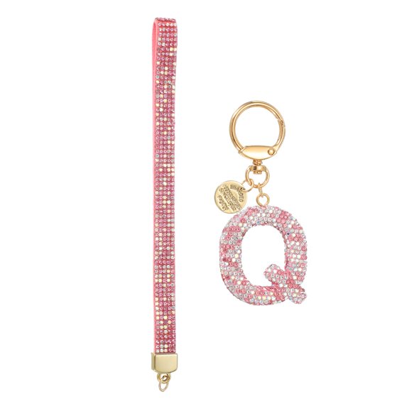 Initial Letter Keychain for Women, Rhinestone Alphabet Q Key Chain Sparkly Keychain Charm with Heart for Backpack Handbag Car Key Accessories Lanyard, Pink