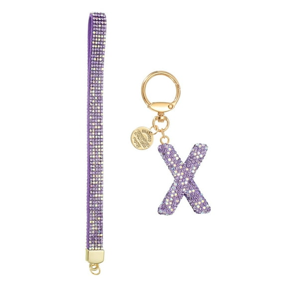 Initial Letter Keychain for Women, Rhinestone Alphabet X Key Chain Sparkly Keychain Charm with Heart for Backpack Handbag Car Key Accessories Lanyard, Purple