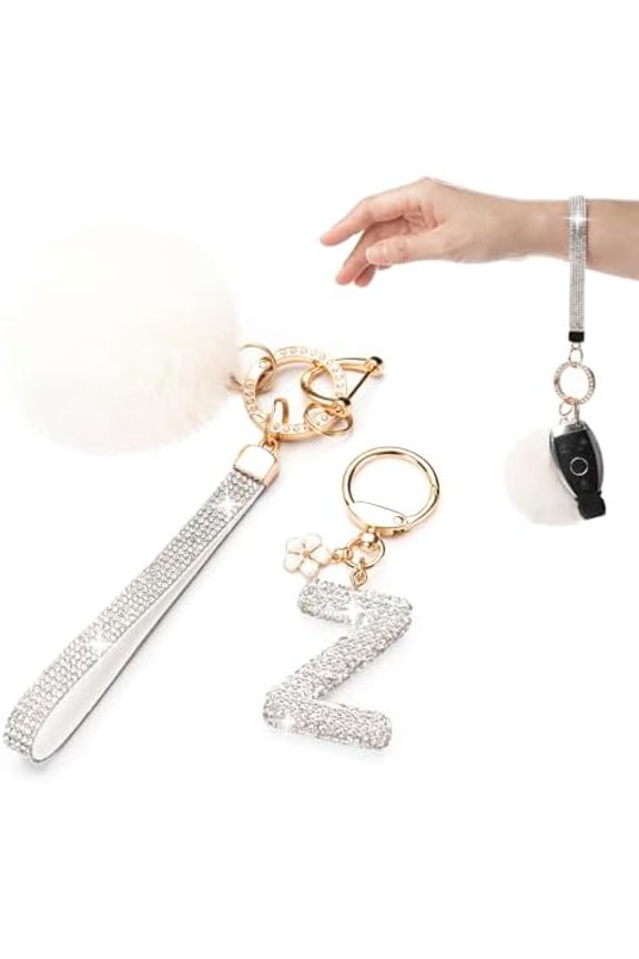 Initial Letter Keychain for Women Girl Bling Rhinestone Sparkly Bag Backpack Purse Charm Cute Pom Pom Key Chain Wristlet