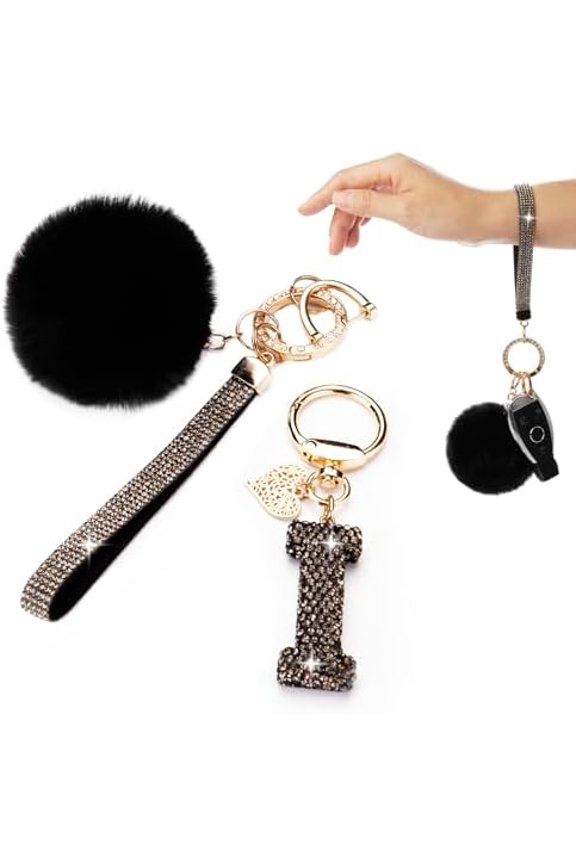 Initial Letter Keychain for Women Girl Bling Rhinestone Sparkly Bag Backpack Purse Charm Cute Pom Pom Key Chain Wristlet