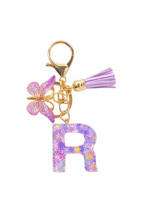 Initial Letter Keychains for Women, Personalized Sparkly Resin Alphabet Keychain with Tassel, Cute Purple Car Key Chain Accessory for Backpack, Purse, Wallet, Gift for Her, Sister, Mom, Friend