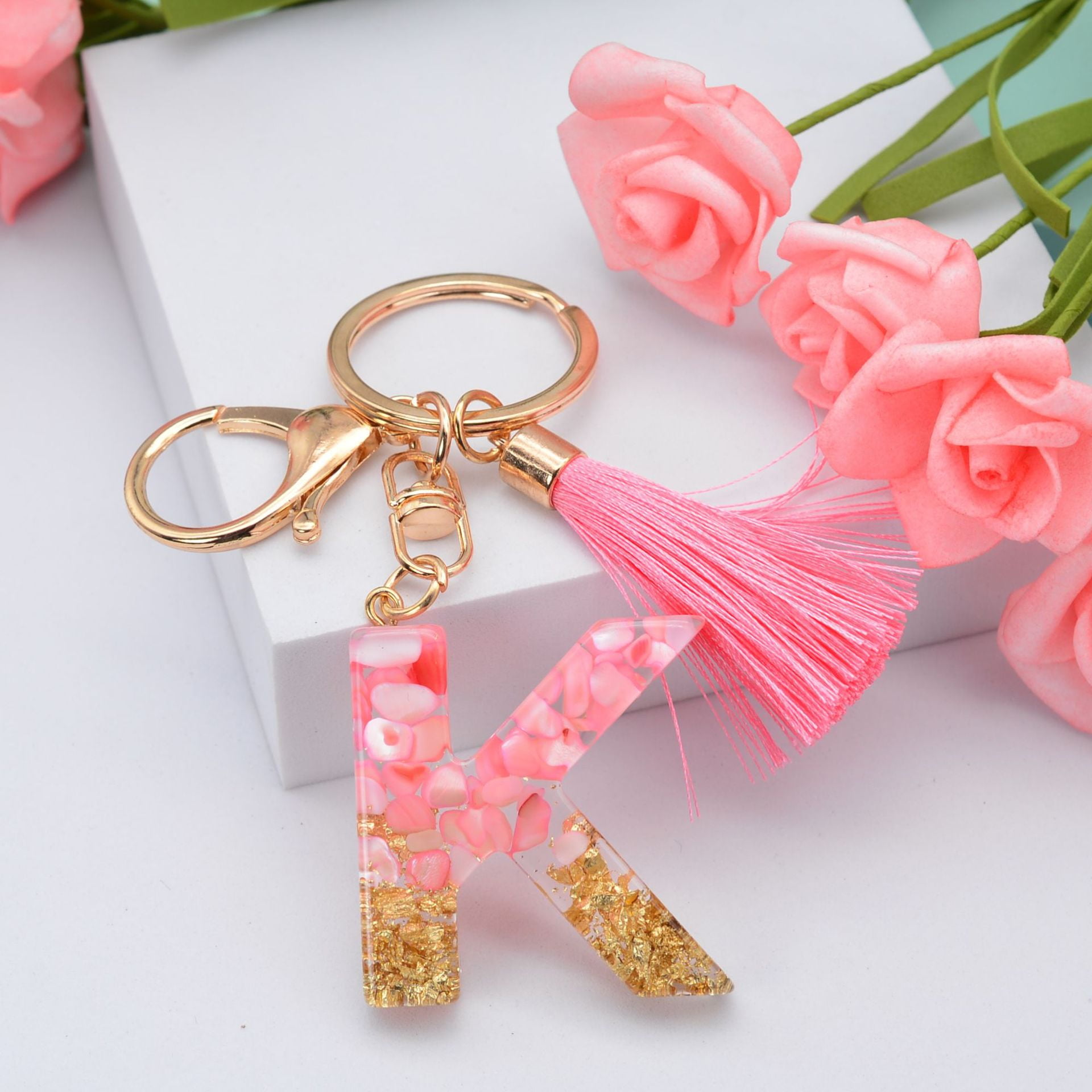 Personalized Initial Keychain For Girls - Resin Letter With Butterfly & Heart Sequins, Pink Tassel - View #9