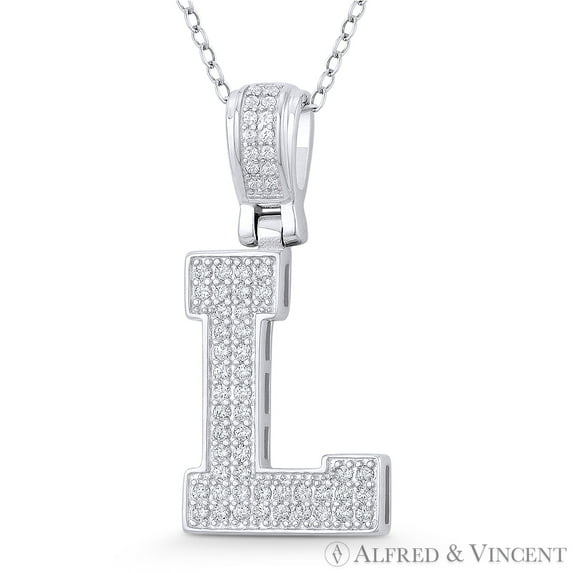 Initial Letter "L" Block Script Cubic Zirconia CZ Crystal Pendant in .925 Sterling Silver w/ Rhodium