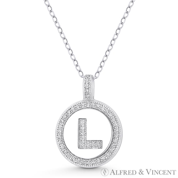 Initial Letter "L" Cubic Zirconia CZ Crystal Pave Pendant in .925 Sterling Silver w/ Rhodium