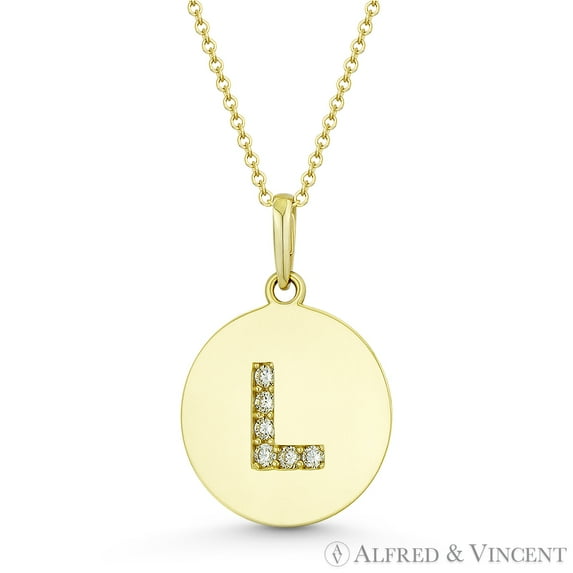 Initial Letter "L" Cubic Zirconia Crystal Round Disc Pendant in Solid 14k Yellow Gold