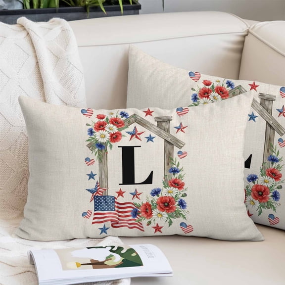 Initial Letter L Throw Pillow Cover, Pillowcase Protectors with Zipper, Breathable Decorative Lumbar Pillow Case Cover, Monogram Patriotic USA Flag Floral Wood Pillow Shams for Couch Sofa 12x20Inch