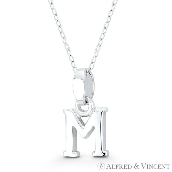 Initial Letter "M" 20x10x3mm (0.8in x 0.4in x 0.12in) Charm 3D Pendant & Chain Necklace in .925 Sterling Silver