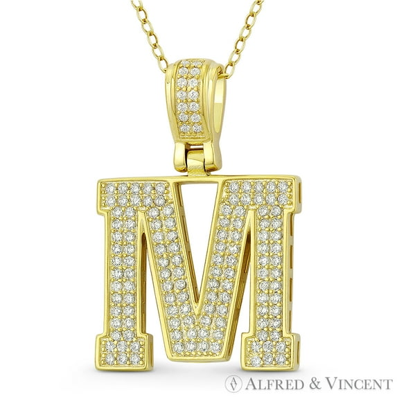 Initial Letter "M" Block Script Cubic Zirconia CZ Crystal Pendant in .925 Sterling Silver w/ 14k Yellow Gold