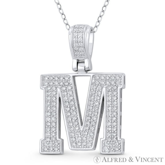 Initial Letter "M" Block Script Cubic Zirconia CZ Crystal Pendant in .925 Sterling Silver w/ Rhodium
