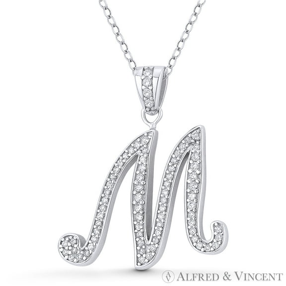 Initial Letter "M" Cursive Script Cubic Zirconia CZ Crystal Pendant in .925 Sterling Silver w/ Rhodium