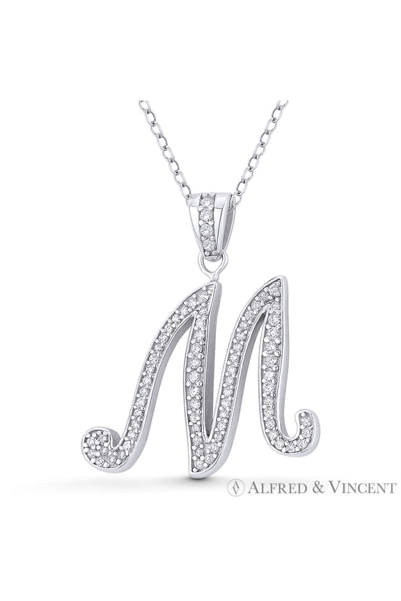 Initial Letter "M" Cursive Script Cubic Zirconia CZ Crystal Pendant in .925 Sterling Silver w/ Rhodium