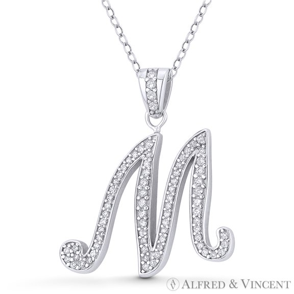 Initial Letter "M" Cursive Script Cubic Zirconia CZ Crystal Pendant in .925 Sterling Silver w/ Rhodium