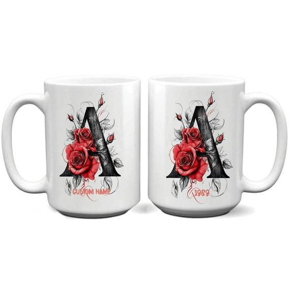 Initial Letter A Mug for Her, Personalized Floral Ceramic Cup 11oz 15oz for Daily Use, Custom Monogram Gift for Wife, Sister, Friend, Coworker, Mom from Daughter or Son