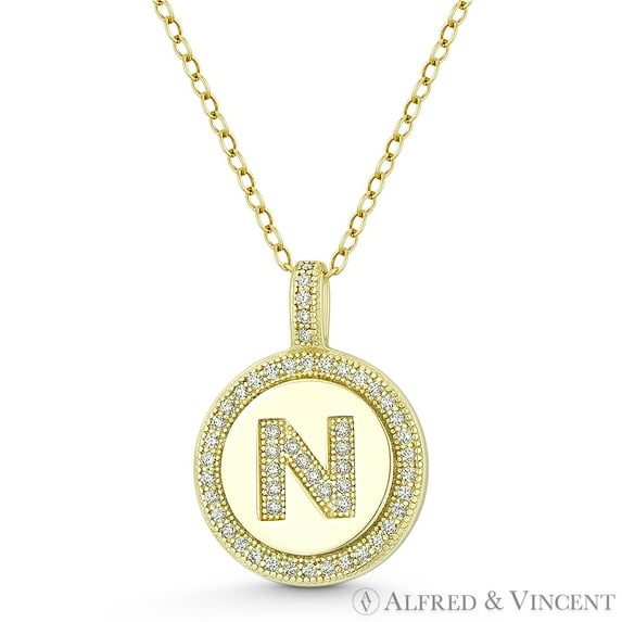Initial Letter "N" Cubic Zirconia CZ Crystal Pave Pendant in .925 Sterling Silver w/ 14k Yellow Gold