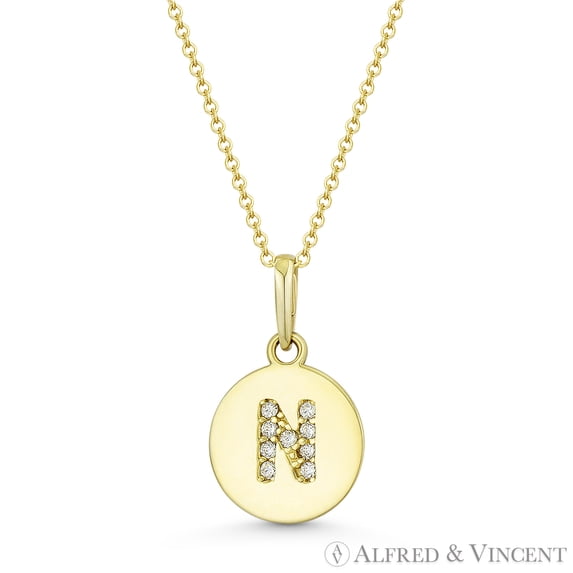 Initial Letter "N" Cubic Zirconia Crystal Round Disc Pendant in Solid 14k Yellow Gold