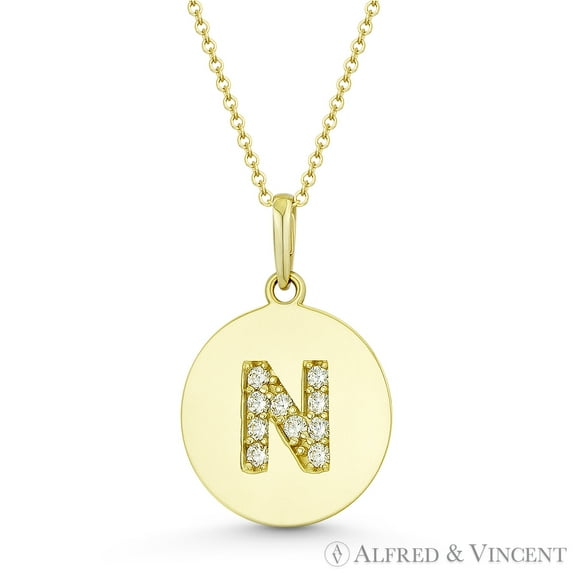 Initial Letter "N" Cubic Zirconia Crystal Round Disc Pendant in Solid 14k Yellow Gold
