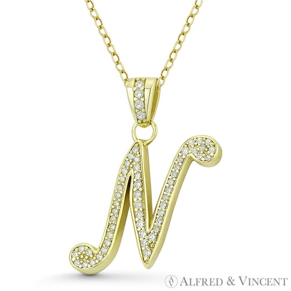 Initial Letter "N" Cursive Script Cubic Zirconia CZ Crystal Pendant in .925 Sterling Silver w/ 14k Yellow Gold