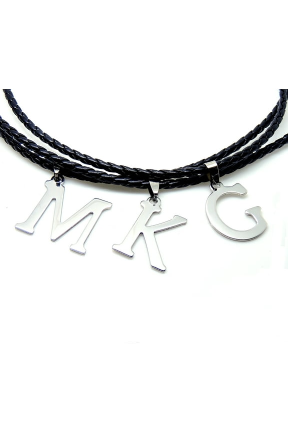 Initial Letter Necklace PU Leather Stainless Steel Men Women Ginger Lyne Collection